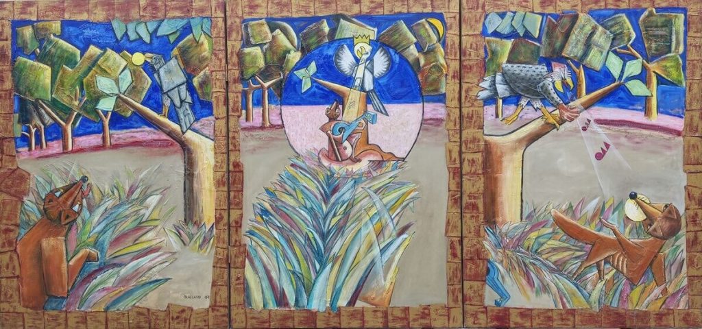 Triptyque: Le Corbeau et le Renard — Acrylique et mixte sur toile, 210 x 70, œuvre de Daniel Blaclard (BLACDAN)